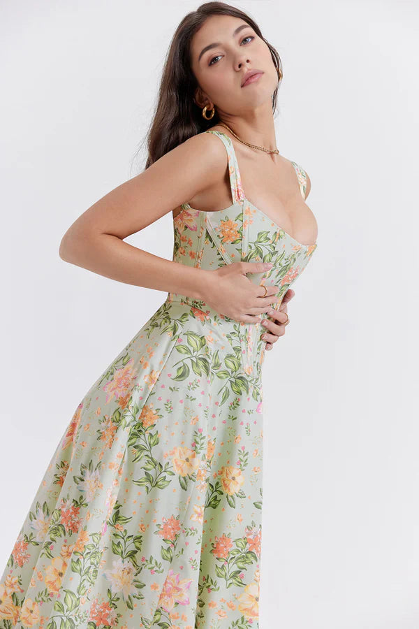 Vestido Midi Viral Modelador de Cintura Floral Modelo Saionara